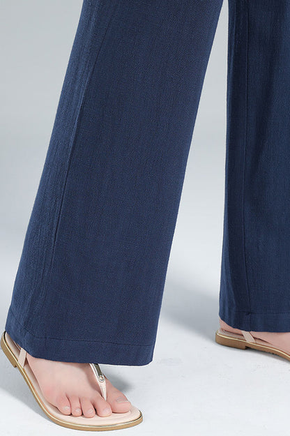 Navy Linen Blend Pants - Elastic Waist Relaxed Fit 3610