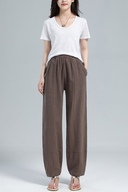 Brown Cotton Linen Harem Pants - Wide Elastic Waist, High Waisted 3611