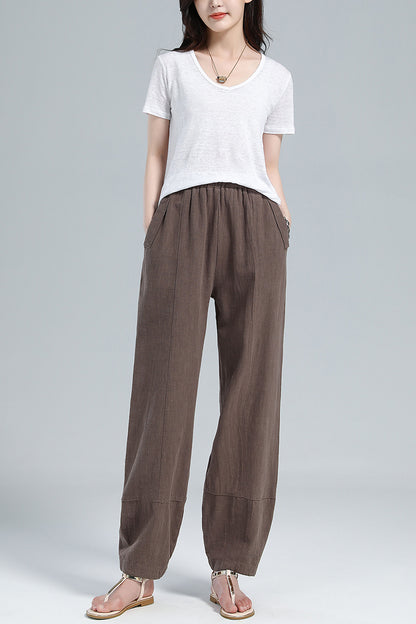 Brown Cotton Linen Harem Pants - Wide Elastic Waist, High Waisted 3611