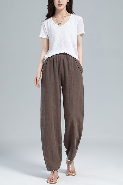 Brown Cotton Linen Harem Pants - Wide Elastic Waist, High Waisted 3611