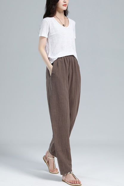Brown Cotton Linen Harem Pants - Wide Elastic Waist, High Waisted 3611