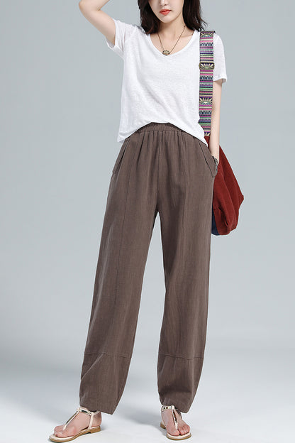 Brown Cotton Linen Harem Pants - Wide Elastic Waist, High Waisted 3611