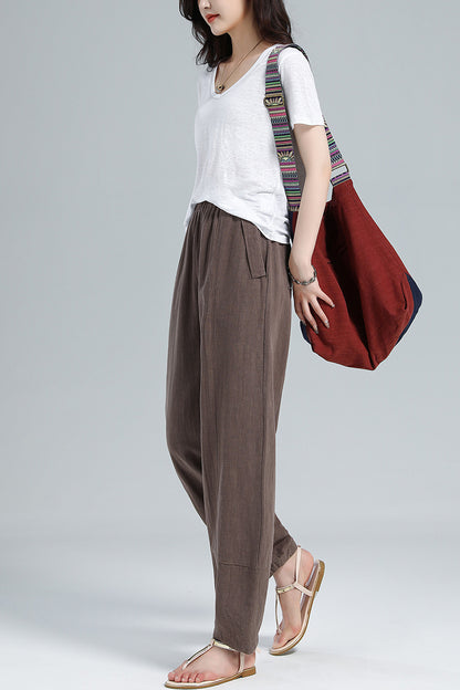 Brown Cotton Linen Harem Pants - Wide Elastic Waist, High Waisted 3611