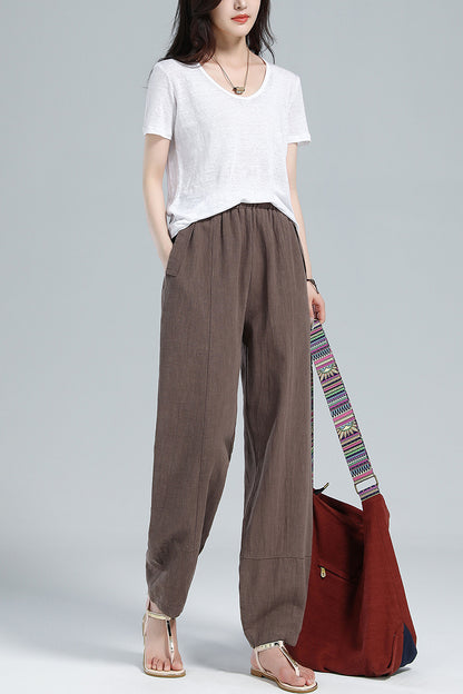 Brown Cotton Linen Harem Pants - Wide Elastic Waist, High Waisted 3611