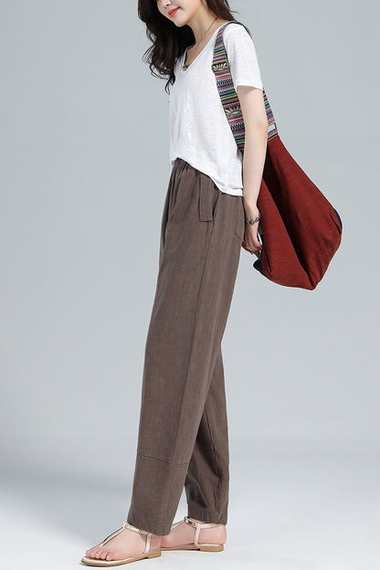 Brown Cotton Linen Harem Pants - Wide Elastic Waist, High Waisted 3611