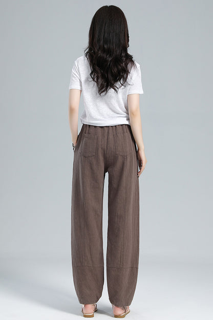 Brown Cotton Linen Harem Pants - Wide Elastic Waist, High Waisted 3611