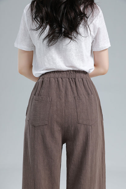 Brown Cotton Linen Harem Pants - Wide Elastic Waist, High Waisted 3611