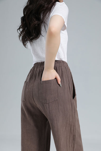 Brown Cotton Linen Harem Pants - Wide Elastic Waist, High Waisted 3611