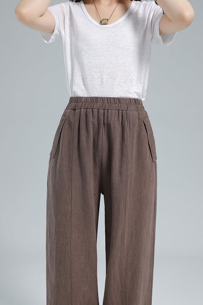 Brown Cotton Linen Harem Pants - Wide Elastic Waist, High Waisted 3611