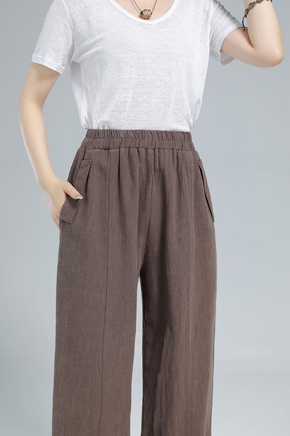 Brown Cotton Linen Harem Pants - Wide Elastic Waist, High Waisted 3611