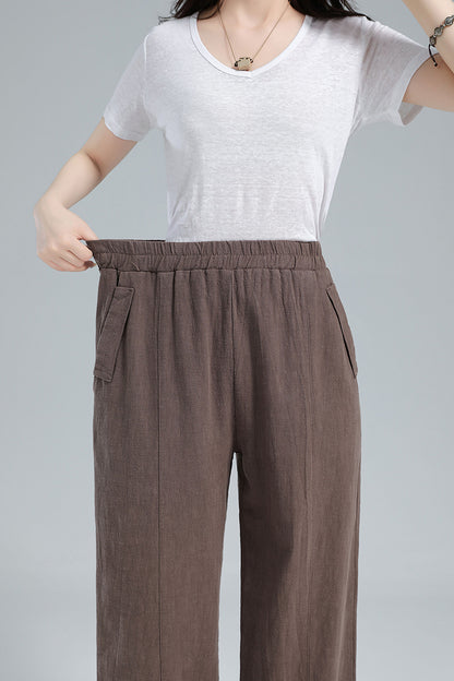 Brown Cotton Linen Harem Pants - Wide Elastic Waist, High Waisted 3611