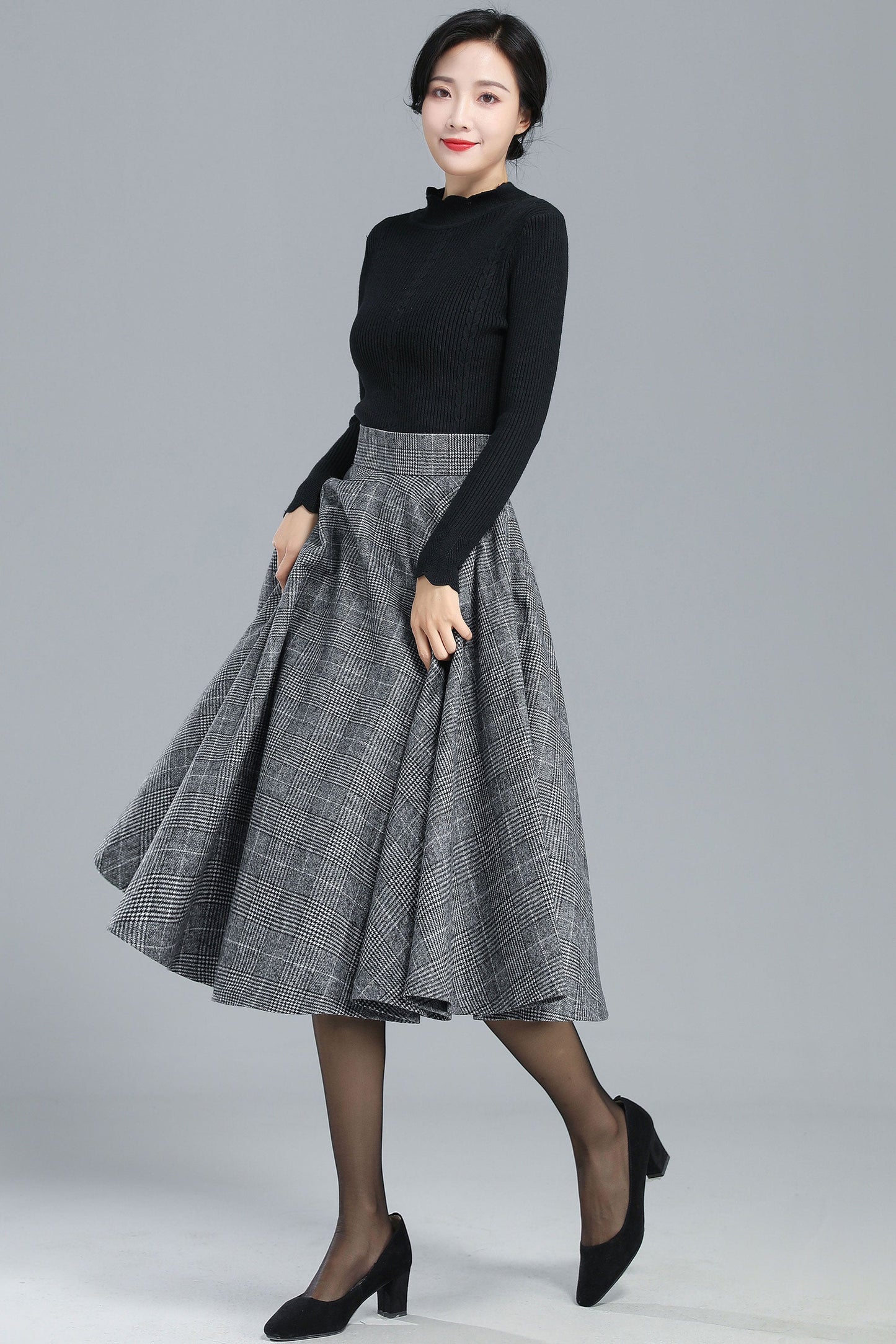 High Waist Plaid Wool Skirt Women 3245