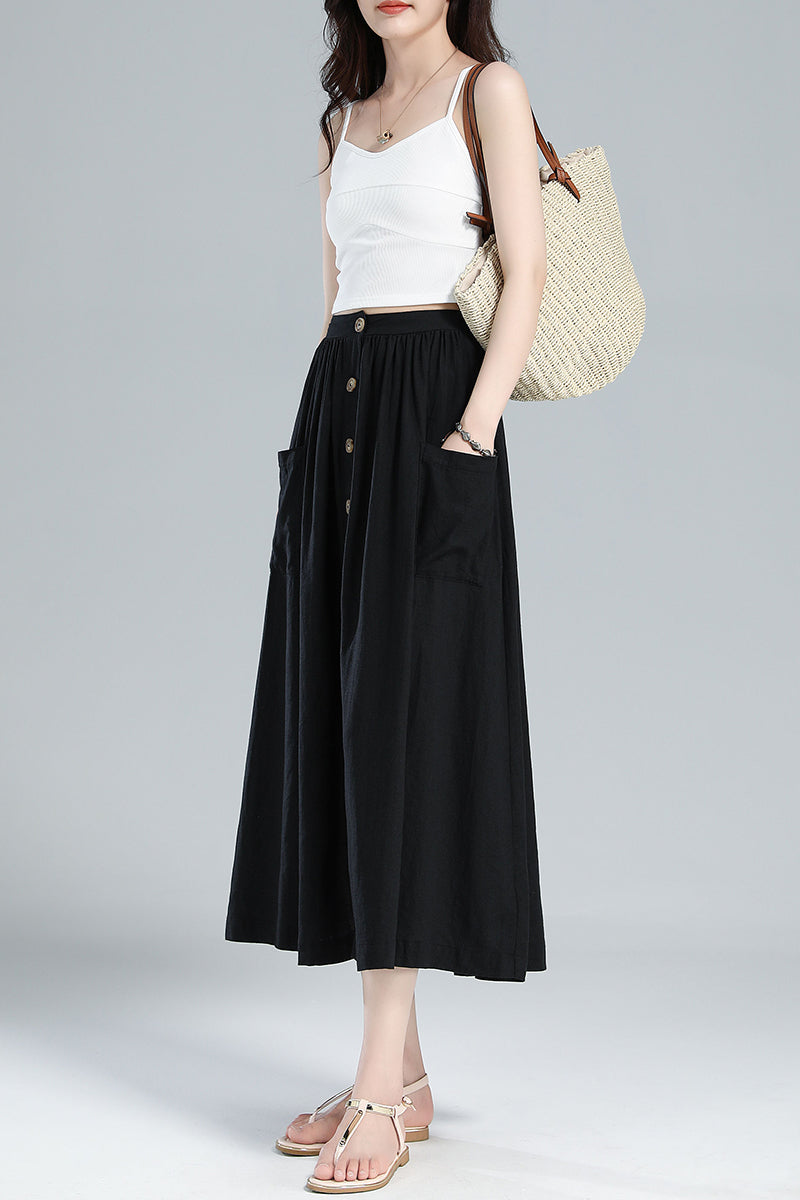 Elastic Waist Button Front Linen midi Skirt 3614