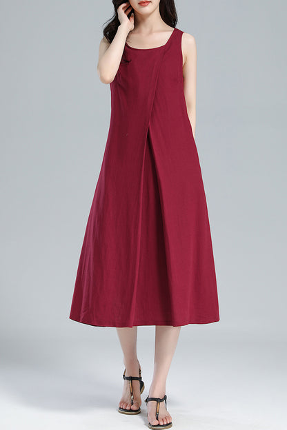 Red Linen Midi Dress - Pleated A-Line, Sleeveless with Tie Belt 3616