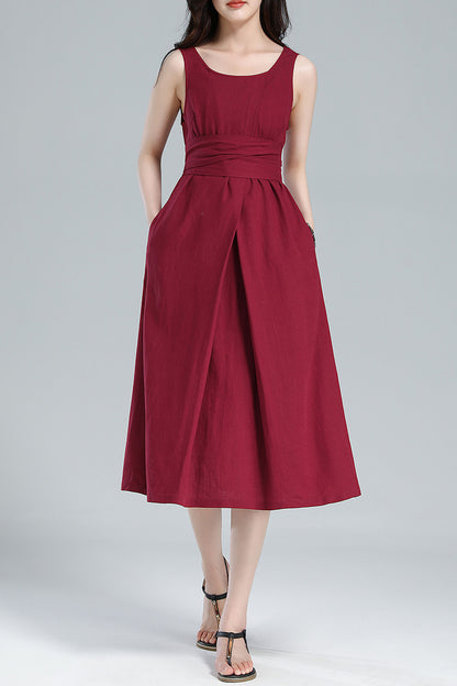 Red Linen Midi Dress - Pleated A-Line, Sleeveless with Tie Belt 3616