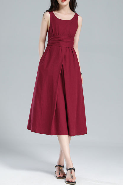 Red Linen Midi Dress - Pleated A-Line, Sleeveless with Tie Belt 3616