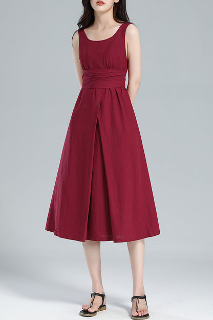 Red Linen Midi Dress - Pleated A-Line, Sleeveless with Tie Belt 3616