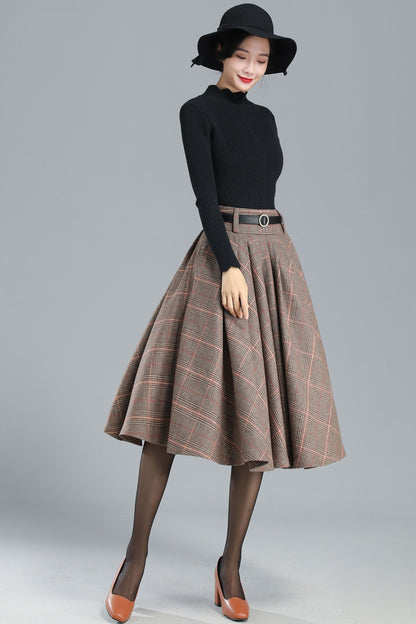 Women's Retro Plaid Wool Skirt Midi Handmade by Xiaolizi studio 3250