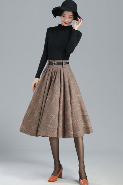 Women's Retro Plaid Wool Skirt Midi Handmade by Xiaolizi studio 3250