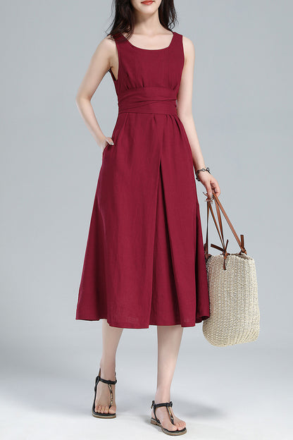 Red Linen Midi Dress - Pleated A-Line, Sleeveless with Tie Belt 3616