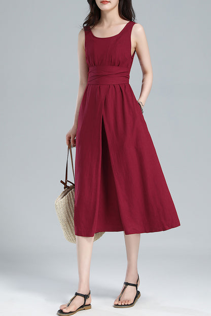 Red Linen Midi Dress - Pleated A-Line, Sleeveless with Tie Belt 3616