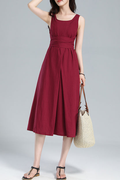 Red Linen Midi Dress - Pleated A-Line, Sleeveless with Tie Belt 3616