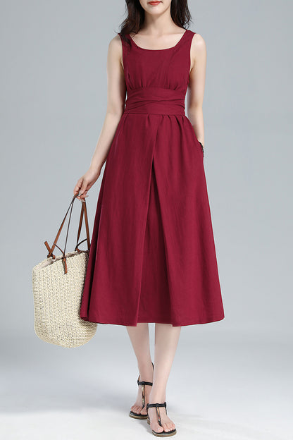 Red Linen Midi Dress - Pleated A-Line, Sleeveless with Tie Belt 3616