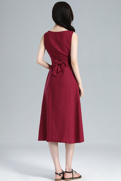 Red Linen Midi Dress - Pleated A-Line, Sleeveless with Tie Belt 3616