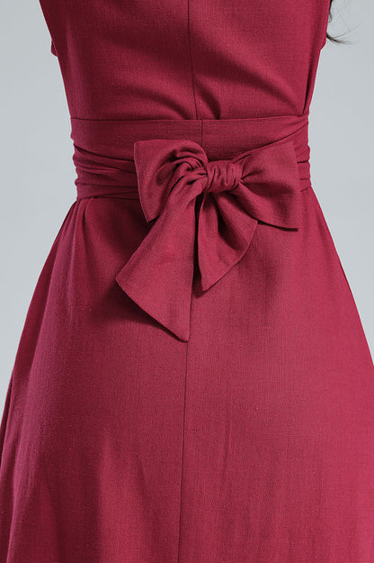 Red Linen Midi Dress - Pleated A-Line, Sleeveless with Tie Belt 3616