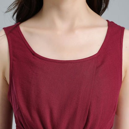 Red Linen Midi Dress - Pleated A-Line, Sleeveless with Tie Belt 3616