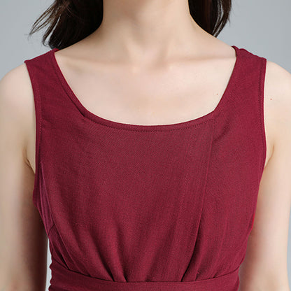 Red Linen Midi Dress - Pleated A-Line, Sleeveless with Tie Belt 3616