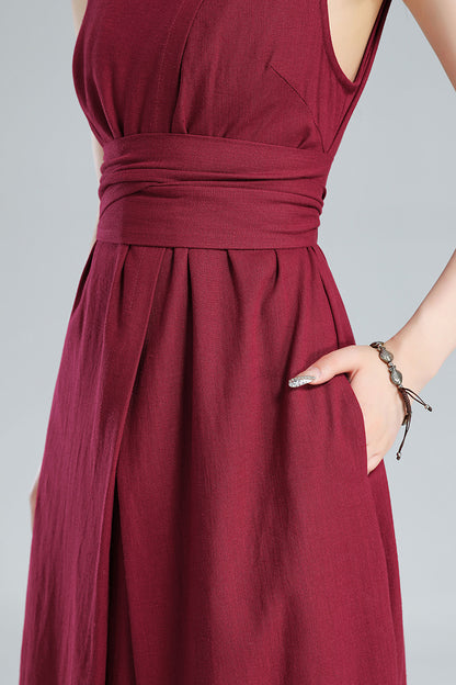 Red Linen Midi Dress - Pleated A-Line, Sleeveless with Tie Belt 3616