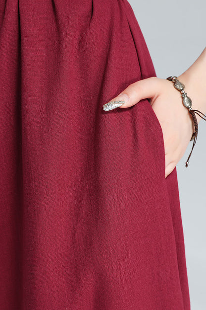 Red Linen Midi Dress - Pleated A-Line, Sleeveless with Tie Belt 3616