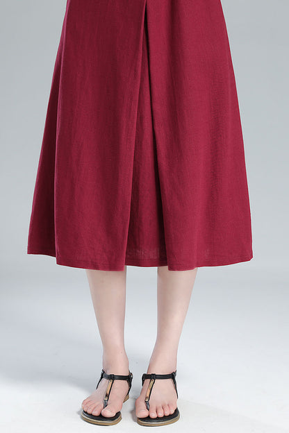 Red Linen Midi Dress - Pleated A-Line, Sleeveless with Tie Belt 3616