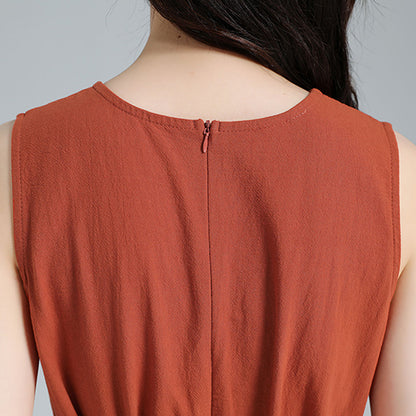 Orange Linen Blend Sleeveless Midi Dress - A-Line Silhouette with Belt 3617