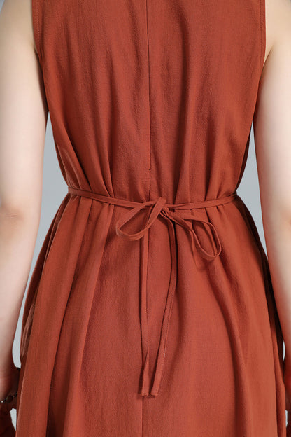 Orange Linen Blend Sleeveless Midi Dress - A-Line Silhouette with Belt 3617