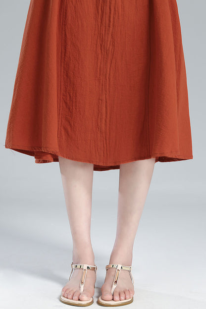 Orange Linen Blend Sleeveless Midi Dress - A-Line Silhouette with Belt 3617