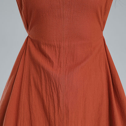 Orange Linen Blend Sleeveless Midi Dress - A-Line Silhouette with Belt 3617