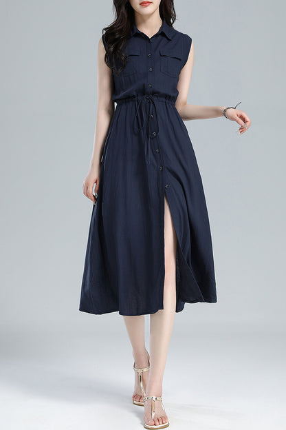 Blue Linen Midi Shirt Dress - Sleeveless with Drawstring Waist 3619