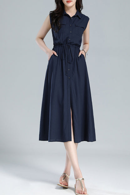 Blue Linen Midi Shirt Dress - Sleeveless with Drawstring Waist 3619