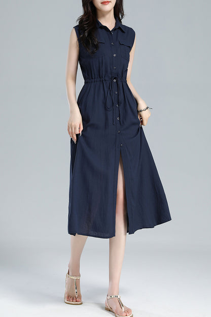 Blue Linen Midi Shirt Dress - Sleeveless with Drawstring Waist 3619