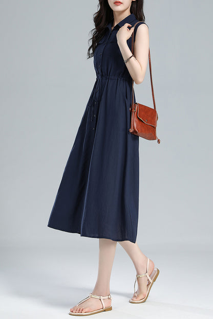 Blue Linen Midi Shirt Dress - Sleeveless with Drawstring Waist 3619