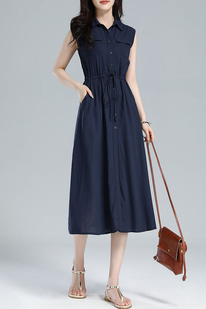 Blue Linen Midi Shirt Dress - Sleeveless with Drawstring Waist 3619