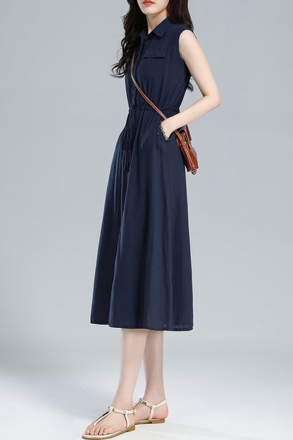 Blue Linen Midi Shirt Dress - Sleeveless with Drawstring Waist 3619