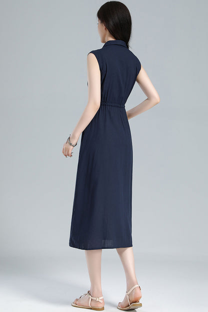 Blue Linen Midi Shirt Dress - Sleeveless with Drawstring Waist 3619