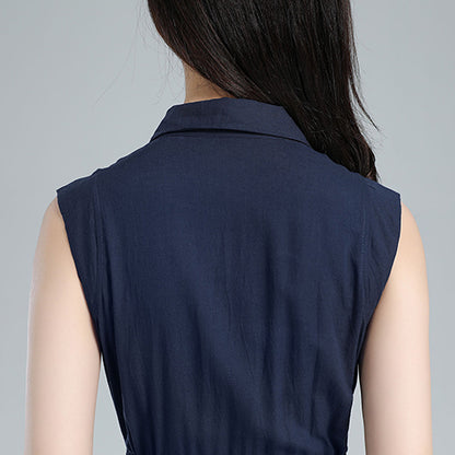 Blue Linen Midi Shirt Dress - Sleeveless with Drawstring Waist 3619