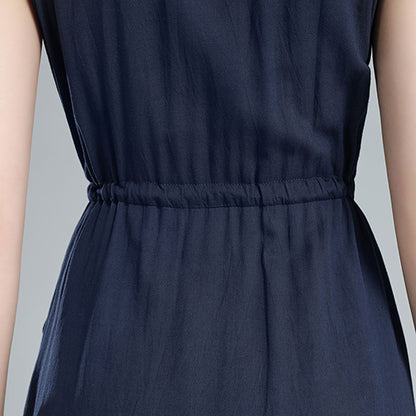 Blue Linen Midi Shirt Dress - Sleeveless with Drawstring Waist 3619