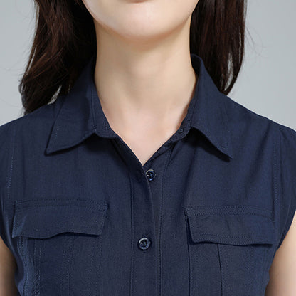 Blue Linen Midi Shirt Dress - Sleeveless with Drawstring Waist 3619