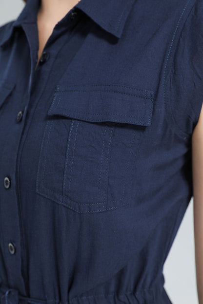 Blue Linen Midi Shirt Dress - Sleeveless with Drawstring Waist 3619
