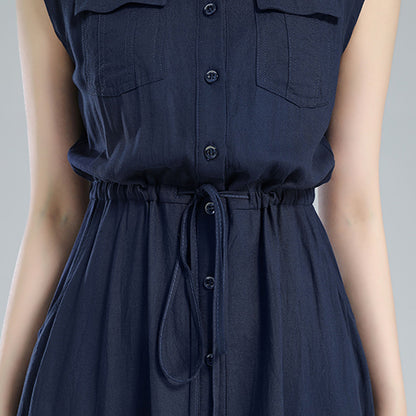 Blue Linen Midi Shirt Dress - Sleeveless with Drawstring Waist 3619